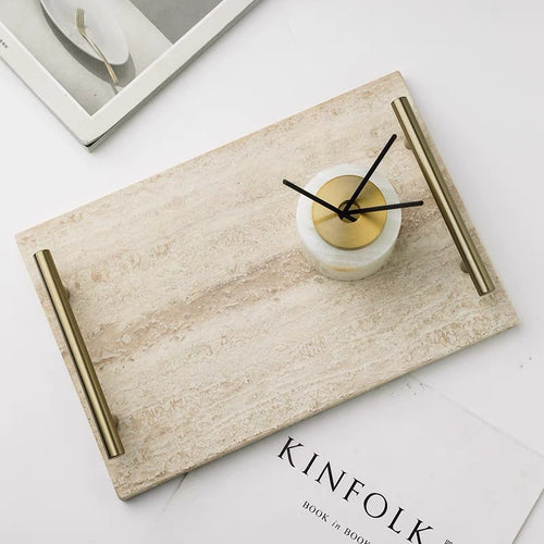 Modern Stone-Look Decorative Tray with Metal Handles