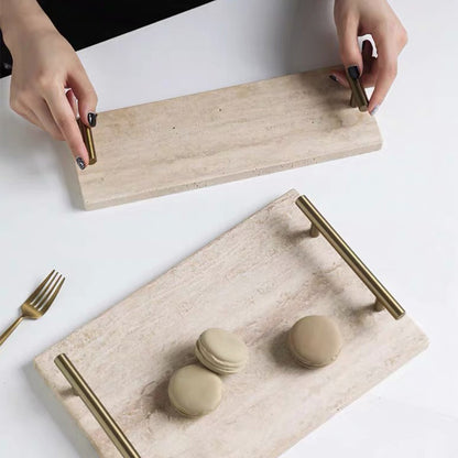 Modern Stone-Look Decorative Tray with Metal Handles