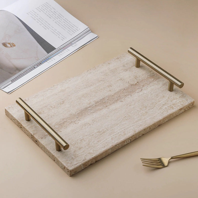 Modern Stone-Look Decorative Tray with Metal Handles