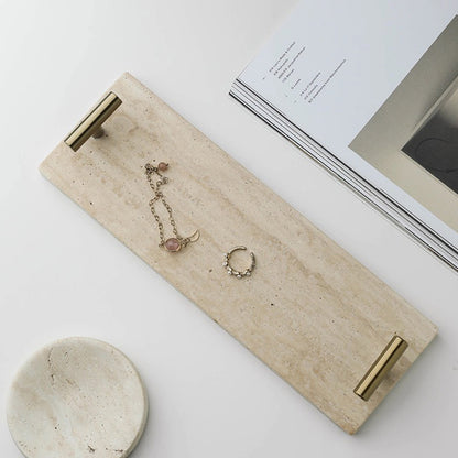 Modern Stone-Look Decorative Tray with Metal Handles