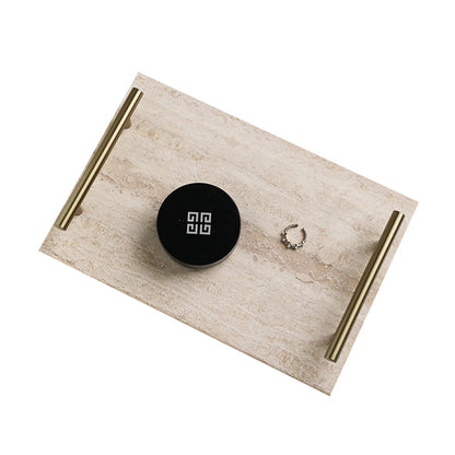 Modern Stone-Look Decorative Tray with Metal Handles