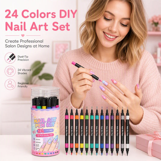 🎨24-Color Dual-Ended Nail Art Pen Set 🌈— Fine Liner + Brush Tips💅